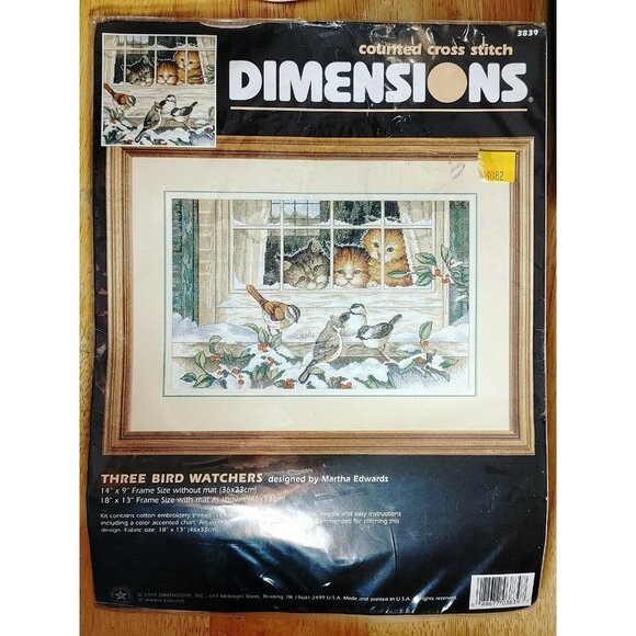 Dimensions Vintage Cross Stitch Kit 3839 Three Bird Watchers Cats 1997 - Picture 1 of 2